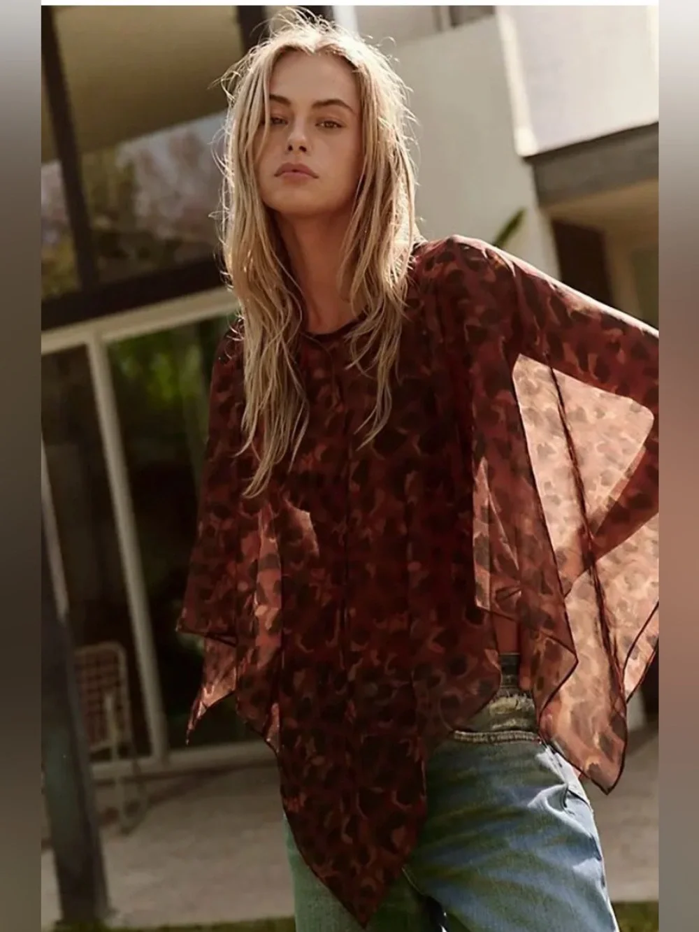 Free People Brown Leopard-Print Angel Wing Poncho Kimono